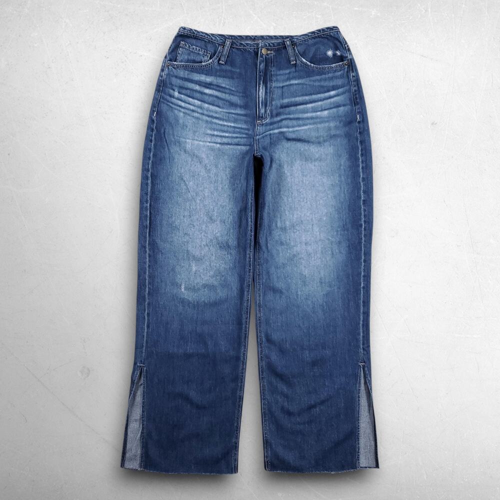 Evereve EVER Slouchy Jeans Women 31 Blue High Rise Wide Leg Slit Hem NWT
